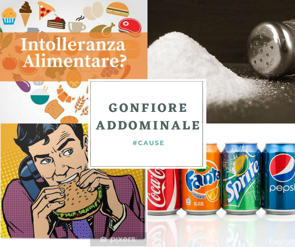 Le cause più frequenti di gonfiore addominale sono 5: 1. Una scarsa idratazione; 2. Un'intolleranza alimentare o un disturbo intestinale; 3. Un'assunzione eccessiva di sale e di fibre; 4. Una scarsa masticazione dovuta alla fretta o ad una patologia sottostante; 5. Un consumo eccessivo di bibite gassate