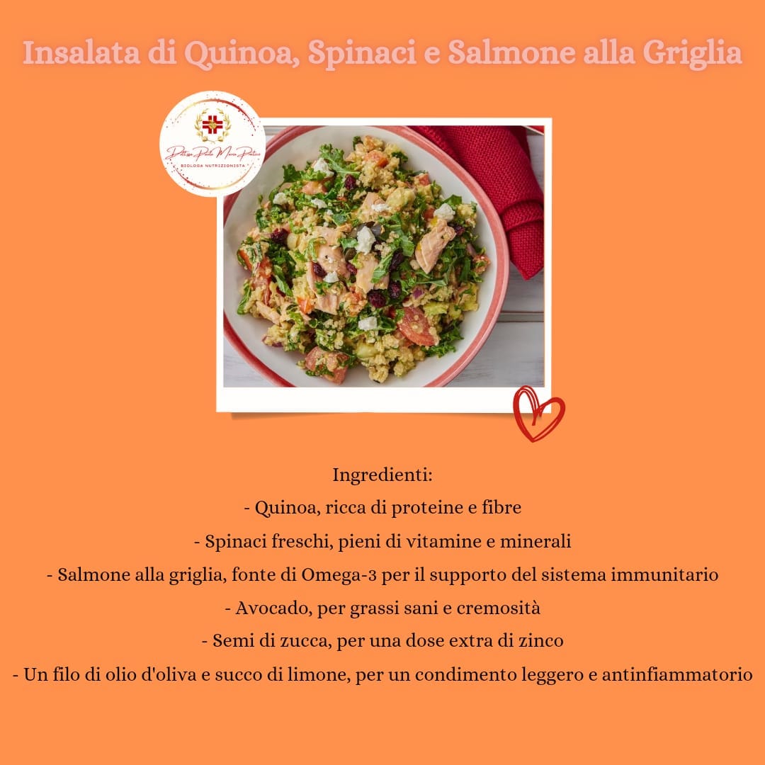 Combattere il cancro richiede energia e forza, e l'alimentazione gioca un ruolo cruciale nel supportare il corpo durante il trattamento. Ecco un esempio di piatto equilibrato e nutriente. 🌟 Questo piatto è un vero concentrato di nutrienti essenziali. La quinoa fornisce energia a lungo termine, mentre gli Omega-3 del salmone aiutano a ridurre l'infiammazione. Gli spinaci e l'avocado sono ricchi di antiossidanti, fondamentali per proteggere le cellule dai danni. Un pasto leggero ma completo, ideale per chi sta affrontando un trattamento oncologico. 💝 Prenditi cura di te attraverso ciò che mangi. Ogni boccone può fare la differenza!