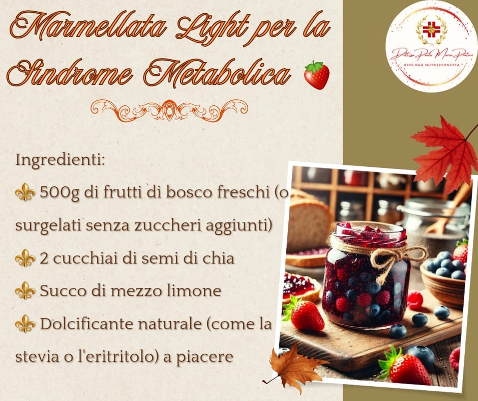 Hai la sindrome metabolica ma non vuoi rinunciare al piacere di una buona marmellata? Ecco una ricetta semplice, gustosa e salutare per te! Questa marmellata è senza zuccheri aggiunti, ricca di fibre e perfetta per la tua colazione o uno snack sano. Procedimento: 🔎 In una pentola antiaderente, cuoci i frutti di bosco a fuoco medio finché iniziano a rilasciare il loro succo (circa 5 minuti). 🔎 Schiaccia leggermente la frutta con una forchetta o un frullatore a immersione, lasciando qualche pezzo intero per una consistenza più rustica. 🔎 Aggiungi il succo di limone e i semi di chia, mescolando bene. 🔎 Lascia cuocere a fuoco basso per altri 10 minuti, mescolando di tanto in tanto. 🔎 Aggiungi il dolcificante naturale secondo il tuo gusto e mescola fino a scioglierlo completamente. 🔎 Lascia raffreddare e trasferisci in un barattolo sterilizzato. Conserva in frigorifero fino a una settimana. Provala a colazione con una fetta di pane integrale o come topping per il tuo yogurt! 🍞🍓 Se prepari questa marmellata light, condividi una foto e taggami nei tuoi post o nelle storie. Non vedo l'ora di vedere le tue creazioni!